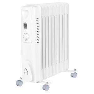 Fehér Grena olajradiátor (2500 W) 11 bordával, termosztáttal és kerekekkel. Mobil elektromos fűtés.
