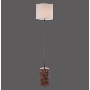 Bark fa dekoros állólámpa, 165 cm magas. Design lámpa bézs lámpabúrával és rusztikus fa talppal.