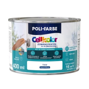 Fehér Cellkolor zománcfesték fához és fémhez a Poli-Farbe-tól, 400ml-es doboz.