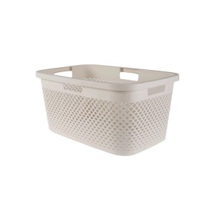 Bézs műanyag szennyeskosár fogantyúkkal és perforált mintával.