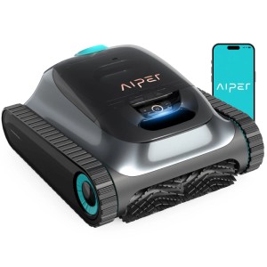 Aiper Scuba S12025 medence robot fekete/türkiz színben, lánctalpakkal. App-kapcsolat vezeték nélküli medencetisztításhoz.