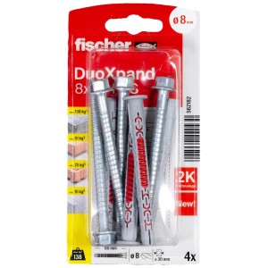 Fischer DuoXpand 8x80mm dübel, 4 darabos csomag, különböző építőanyagokhoz alkalmas.