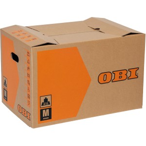 OBI költöztető doboz M, 60 l, 30 kg, duplafalú kartonból, fogantyúkkal és feliratozási mezőkkel.