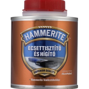 Hammerite hígító és ecsettisztító fém dobozban, piros fedéllel.