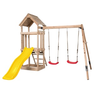 Swing King Noa játszótér sárga csúszdával és két piros hintával, FSC® fából.