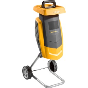 Stiga Bio Master 2200 elektromos aprító, sárga/szürke, kerekekkel és gyűjtőzsákkal.
