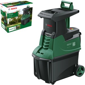 Bosch AXT 25 TC kerti aprító gyűjtődobozzal és termékcsomagolással.
