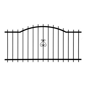 Fekete dekoratív kerti kerítéselem, fém, dekoratív design.