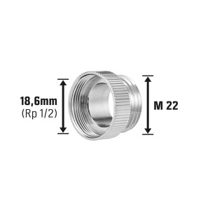 Átmeneti darab M22 x Ø 21 mm (Rp 1/2) krómozott sárgarézből kifolyószelepekhez.