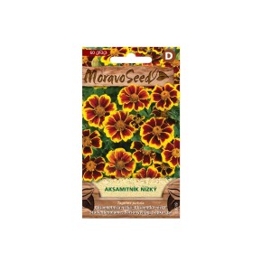Bársonyvirág (Tagetes patula) vetőmag csomag, piros-sárga virágokkal.