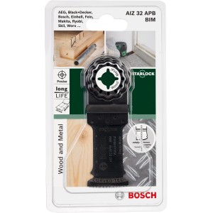A Bosch Starlock AIZ 32 APB merülőfűrészlap részletes képe fához és fémhez.
