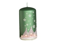 Manós zöld törzsgyertya fehér manók mintával 200 mm magas