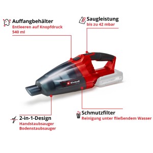 Einhell Power X-Change TE-VC 18 Li Solo akkus kézi porszívó (akku nélkül). Kompakt, piros akkus porszívó átlátszó portartállyal.