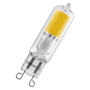 G9 LED lámpa átlátszó üvegtesttel és sárga világító elemmel.