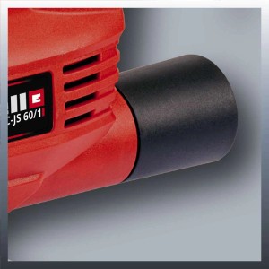Közelkép: Piros Einhell TC-JS 60/1 dekopírfűrész fekete porelszívó adapterrel.