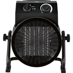 Fekete kerámia fűtőtest és ventilátor Lieksa 5000 W, vezérlőkkel, védőráccsal és állvánnyal.