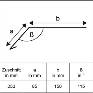 Műszaki rajz ereszcsatorna bemenetről, alumínium vágás 250x2000mm méretekkel a, b és Beta szöggel.
