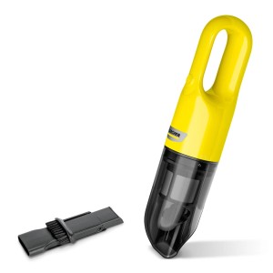 Sárga Kärcher CVH 2 akkus kézi porszívó réstisztító szívókával és USB töltővel.