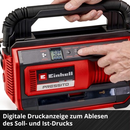 Einhell Power X-Change Pressito 18/25: Nyomáskijelző bar, psi, kPa értékekhez. Ideális gumiabroncsok felfújásához.