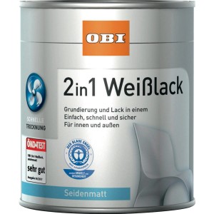 OBI 2in1 fehér zománcfesték doboz, selyemfényű, 2,5 l. Alapozó és festék egy termékben.
