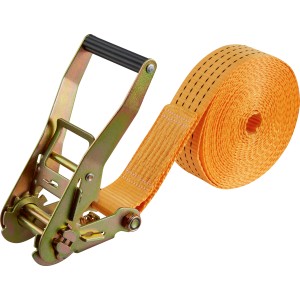 Egyrészes AH-029 rögzítő heveder racsnival, 5 cm x 800 cm, narancssárga poliészter heveder és horganyzott racsni.