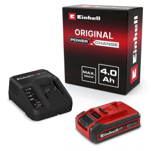 Einhell PXC 4 Ah Plus akku indító készlet: piros akku, fekete töltő és termékdoboz. Szerszámgépekhez.