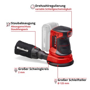 Einhell Power X-Change TE-RS 18 Li Solo akkus excentercsiszoló (akku nélkül). Kompakt csiszoló piros/fekete színben porelszívással.