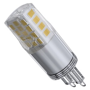G9 LED lámpa, átlátszó műanyag burkolat, ezüst színű talp.