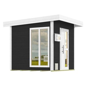 Modern Weka Design Kuopio 1 szaunaház antracit színben, ablakkal és ajtóval.
