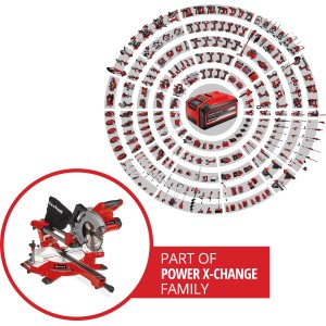 Einhell Power X-Change akkus húzó-, billenő- és gérvágó fűrész TE-SM 36/210 Li Solo, piros, Power X-Change akkumulátorral a háttérben.