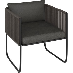Fullerton lounge fotel: Antracit színű fonott szék szürke párnákkal erkélyre vagy teraszra.