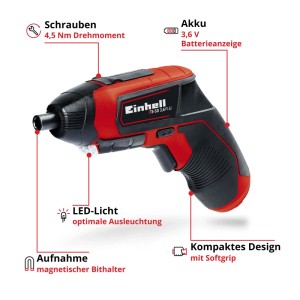 Einhell TE-SD 3,6/1 Li akkus csavarhúzó akkumulátorral, piros/fekete, LED-es lámpával és mágneses bit tartóval.
