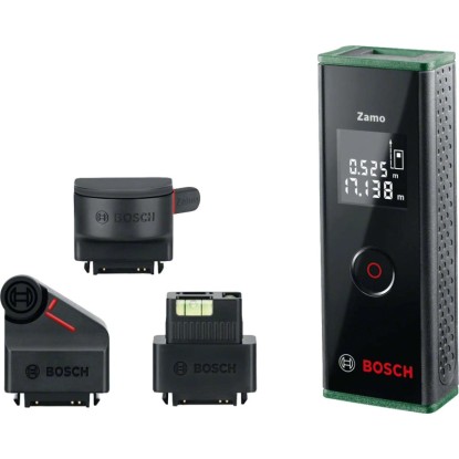 Bosch Zamo digitális lézeres távolságmérő három adapterrel a pontos mérésekhez.