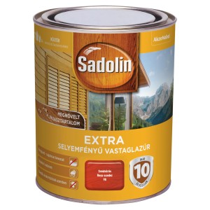 Sadolin Extra időjárásálló festék doboza, svédvörös árnyalat. Fa lazúr kültéri használatra.