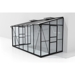 Vitavia Ida 7800 üvegház, 7,8 m², fekete, falhoz támasztott üvegház pulttetővel és alumínium vázzal.