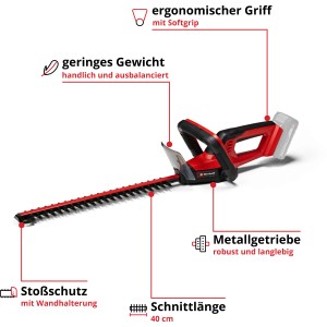 Einhell GC-CH 18/40 Li Solo akkus sövényvágó: Piros-fekete, 40 cm vágáshosszal.