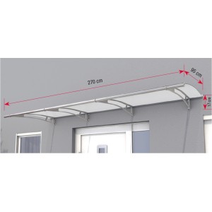 Modern, rozsdamentes acélból és szatén akrilüvegből készült pulttető, 270 cm széles, a ház bejáratához.