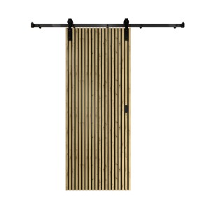 Radex tolóajtó komplett szett akusztikus panel Lamette, 95x210 cm, lamellás dizájnnal és fekete felfüggesztéssel.