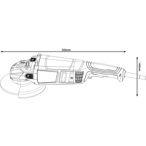Sarokcsiszoló műszaki rajza méretekkel (500 mm hosszúság, 140 mm magasság).