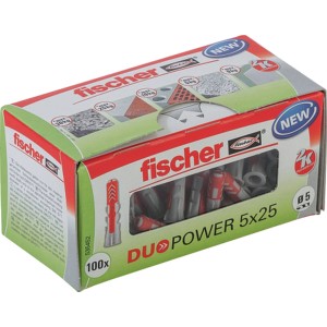 Fischer DuoPower 5x25 mm-es tiplik, 100 darabos dobozban. Univerzális tiplik a biztonságos rögzítéshez.