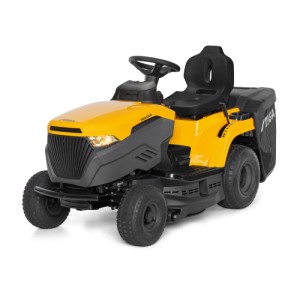 Sárga Stiga Estate 384 M fűnyíró traktor 200 l-es fűgyűjtővel, 3000 m²-ig.