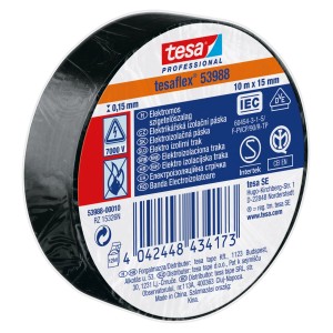 Fekete t.b.t. szigetelőszalag a Tesától, 10m x 15mm, elektromos szerelésekhez.