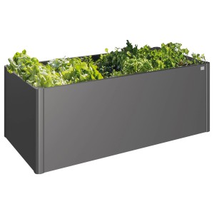 Biohort fém magaságyás, sötétszürke metál, salátával és fűszernövényekkel beültetve.