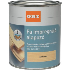 OBI Fa impregnáló alapozó, 2,5 l-es, átlátszó fémvödörben. Fa alapozó beltéri és kültéri használatra.