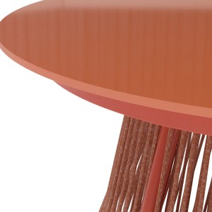 Balkon asztal Bandon, terrakotta, Ø 70 cm, üveglappal és kötél dizájnnal.