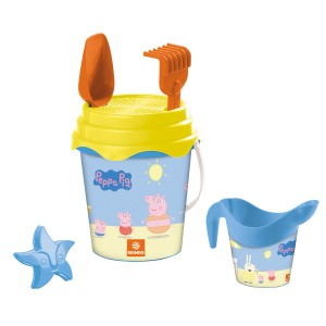 Happy People Peppa Pig homokozó vödörkészlet, 6 darabos, vödörrel, lapáttal, gereblyével, szitával, locsolókannával és homokozó formával.