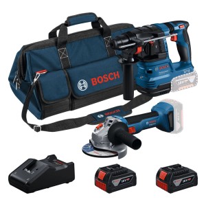 Bosch Professional Kombi-készlet kék fúrókalapáccsal, sarokcsiszolóval, 2 akkumulátorral, töltővel és szerszámtáskával.