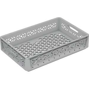 Szürke, lyukacsos Eurobox-System Box 60x40x12 cm tároláshoz és szállításhoz.