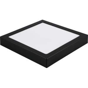 Négyzet alakú LED-es beépíthető lámpa, fekete keret, fehér világító felület.