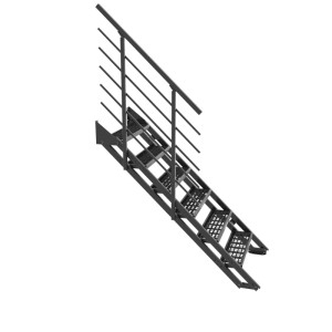 Fekete Minka Flex Grid fém kültéri lépcső 6 csúszásmentes rácsos fokkal és korláttal.